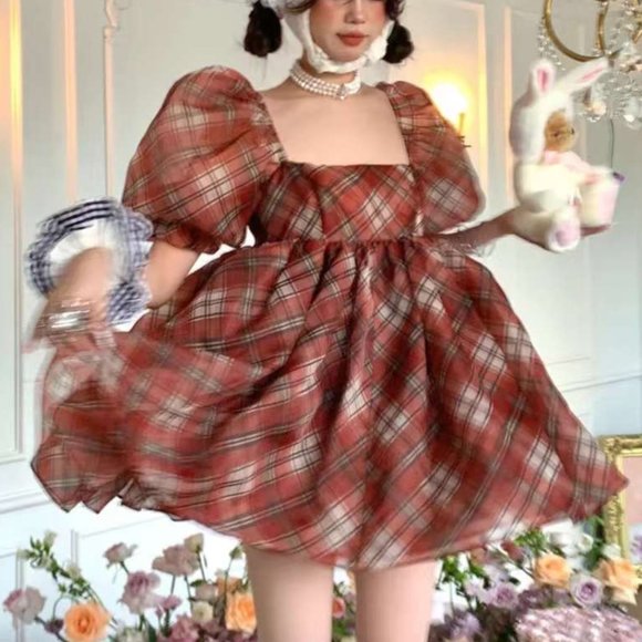 NEW Selkie The Jane Eyre Puff Mini Dress Checks - Picture 2 of 11